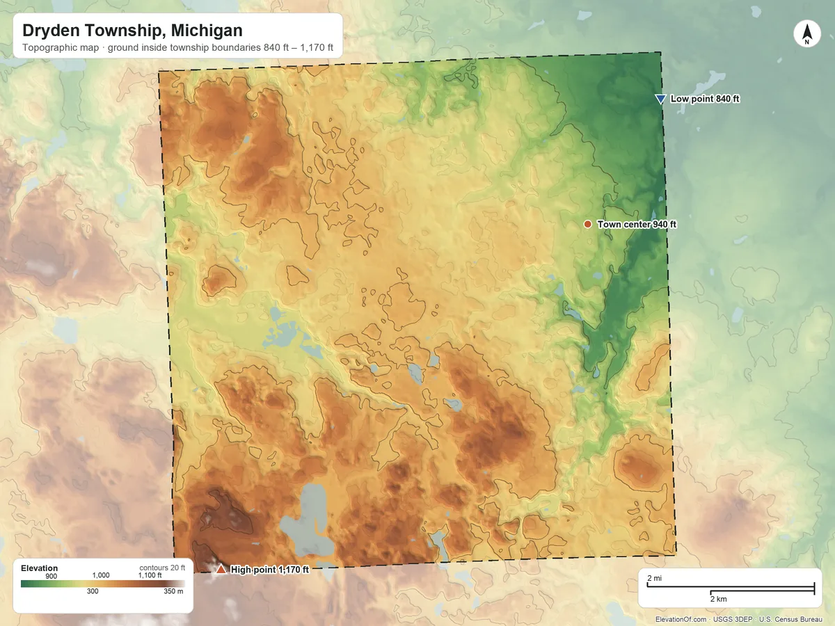Topographic elevation map of Dryden Township, Michigan, shaded from 840 ft on the northeast side to 1,170 ft on the southwest side