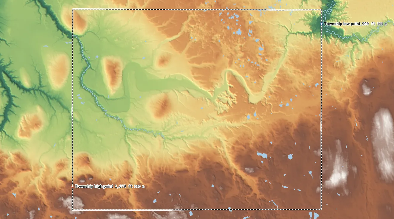 Topographic elevation map of Duncan Township, Michigan, shaded from 990 ft on the northeast side to 1,670 ft on the southwest side