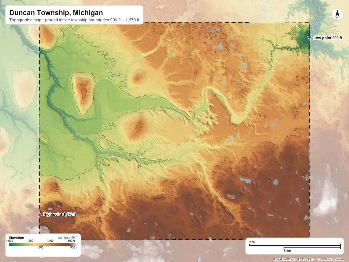 Topographic elevation map of Duncan Township, Michigan, shaded from 990 ft on the northeast side to 1,670 ft on the southwest side