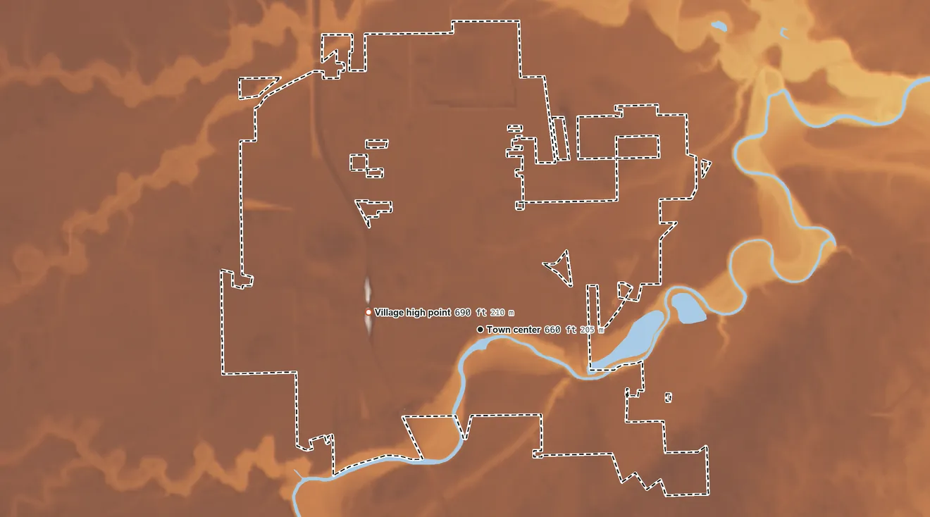Topographic elevation map of Dundee, Michigan, shaded from 580 ft on the north side to 690 ft on the west side