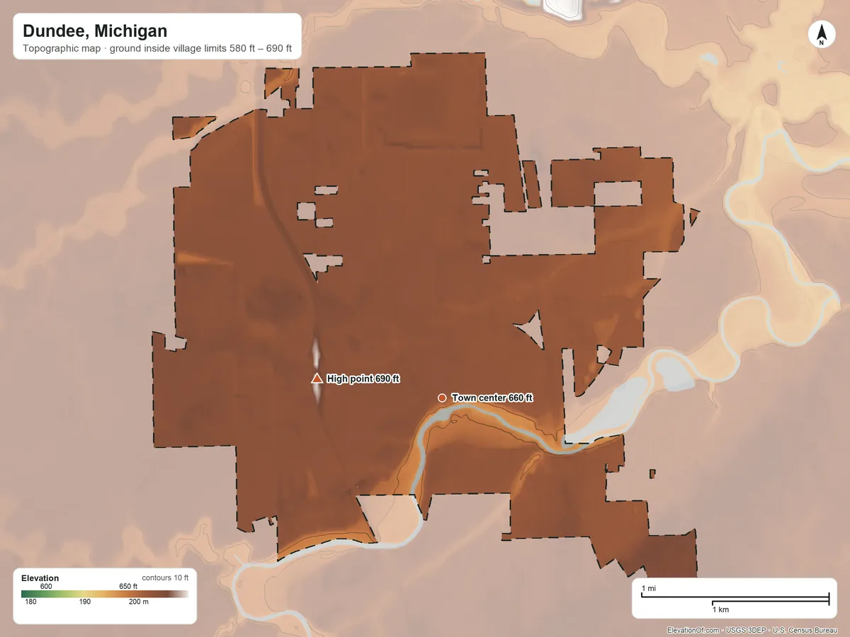 Topographic elevation map of Dundee, Michigan, shaded from 580 ft on the north side to 690 ft on the west side