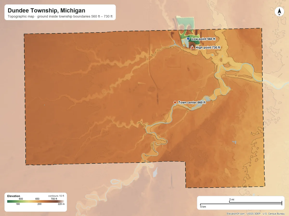 Topographic elevation map of Dundee Township, Michigan, shaded from 560 ft on the north side to 730 ft on the north side