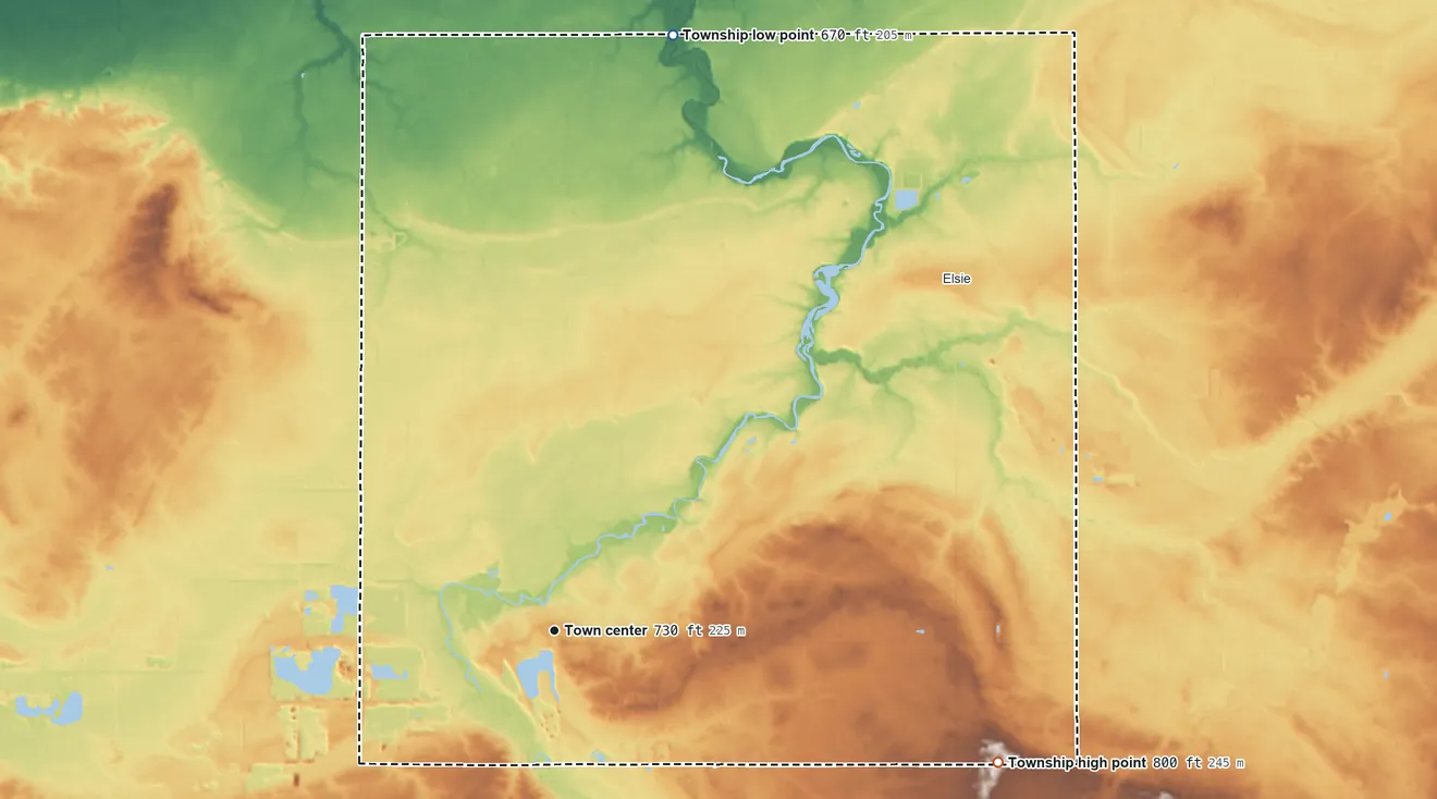 Topographic elevation map of Duplain Township, Michigan, shaded from 670 ft on the north side to 800 ft on the east side