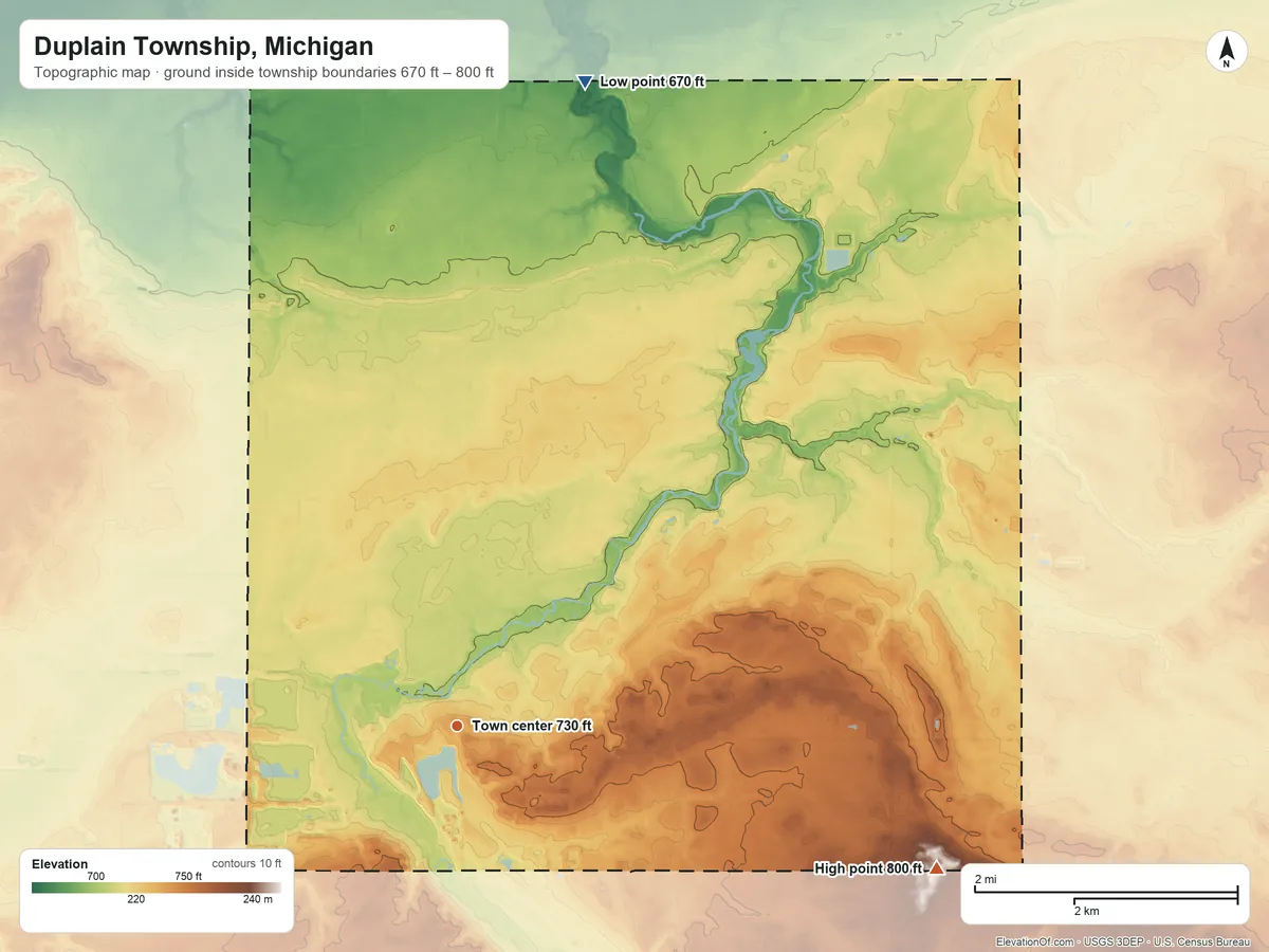 Topographic elevation map of Duplain Township, Michigan, shaded from 670 ft on the north side to 800 ft on the east side