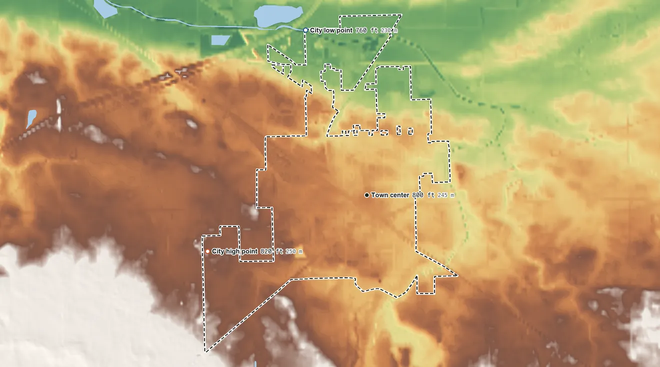 Topographic elevation map of Durand, Michigan, shaded from 760 ft on the north side to 820 ft on the west side