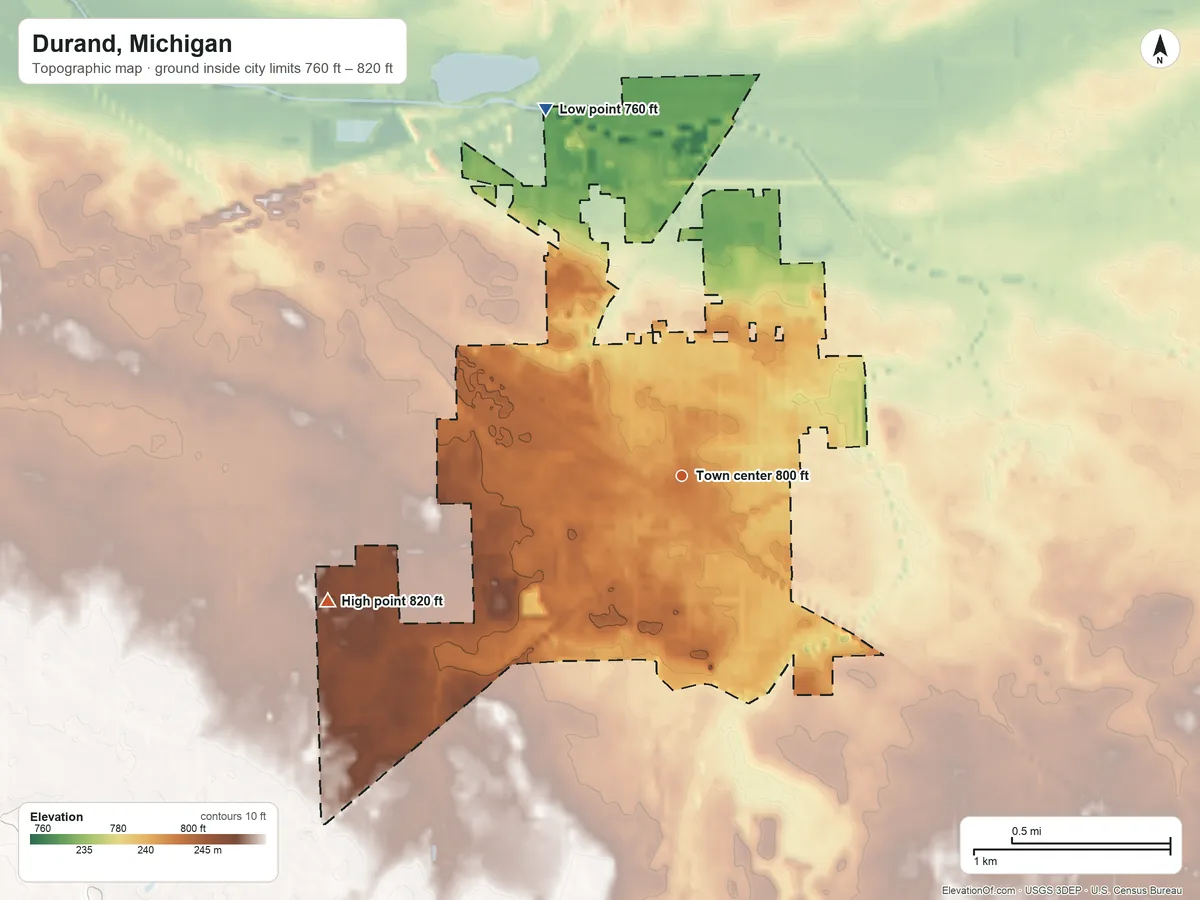 Topographic elevation map of Durand, Michigan, shaded from 760 ft on the north side to 820 ft on the west side