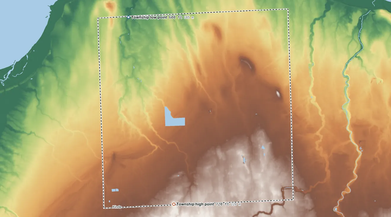 Topographic elevation map of Dwight Township, Michigan, shaded from 600 ft on the north side to 720 ft on the southeast side