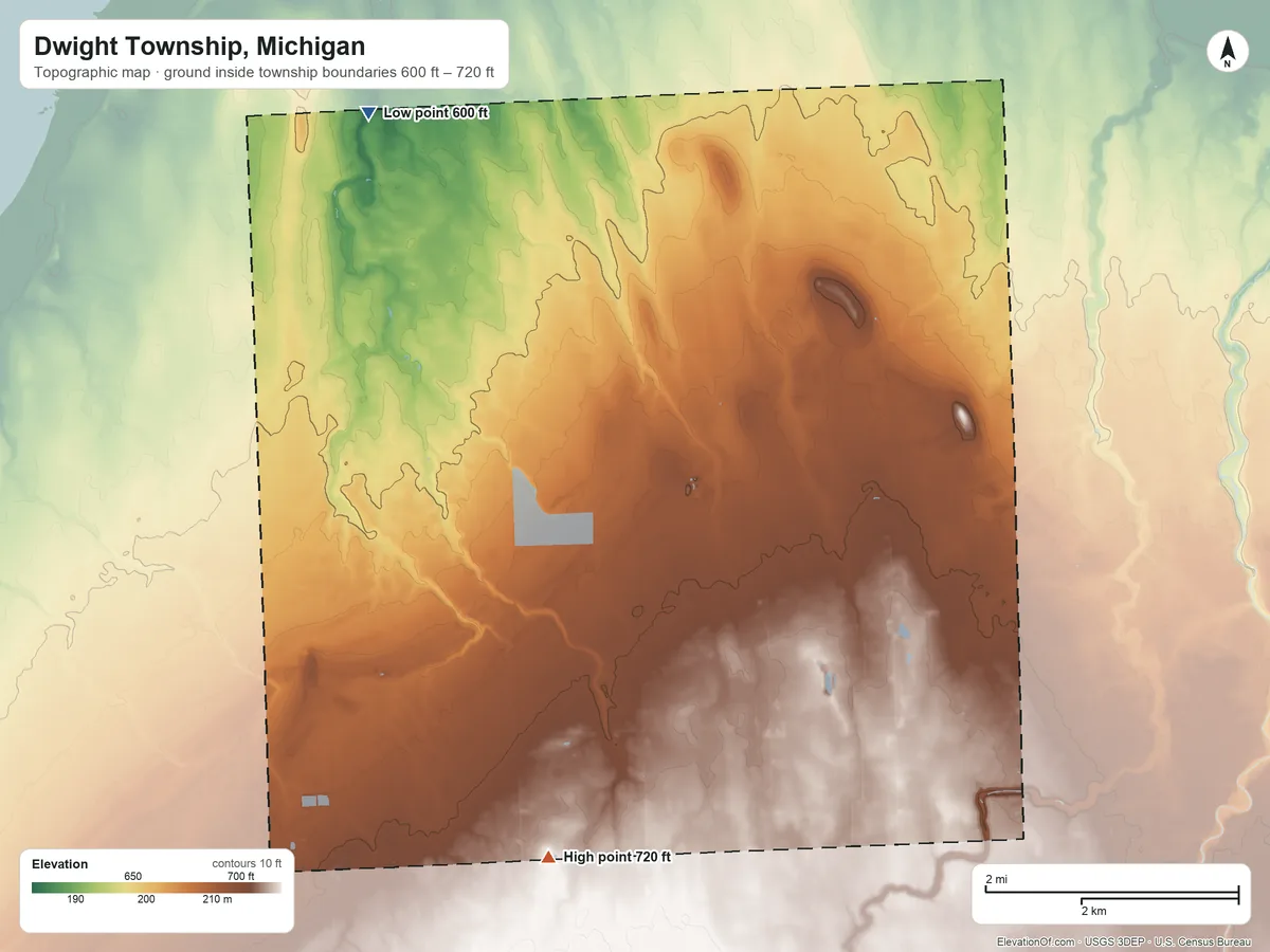 Topographic elevation map of Dwight Township, Michigan, shaded from 600 ft on the north side to 720 ft on the southeast side