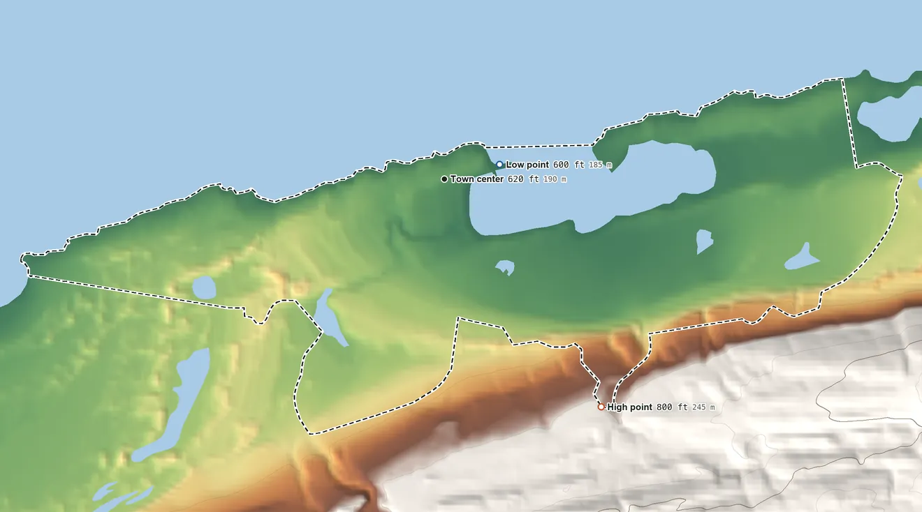 Topographic elevation map of Eagle Harbor, Michigan, shaded from 600 ft near the middle to 800 ft on the southeast edge, below higher ground just outside