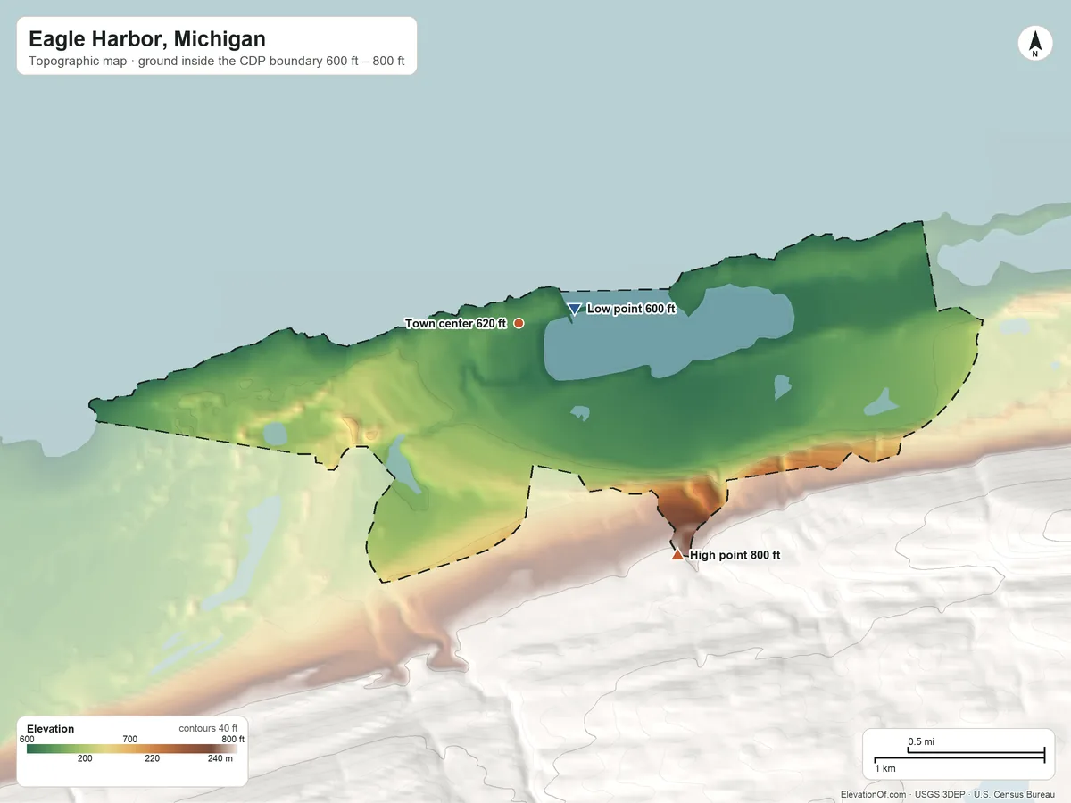 Topographic elevation map of Eagle Harbor, Michigan, shaded from 600 ft near the middle to 800 ft on the southeast edge, below higher ground just outside