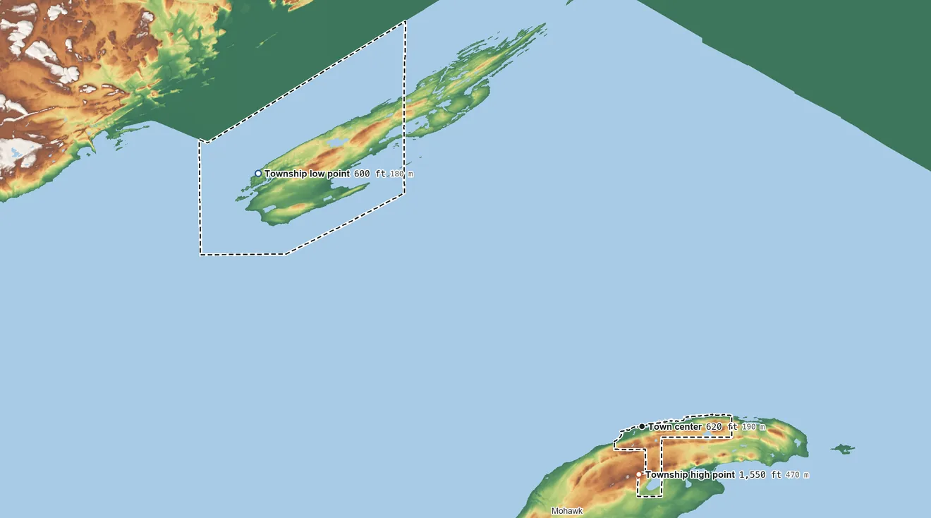 Topographic elevation map of Eagle Harbor Township, Michigan, shaded from 600 ft on the northwest side to 1,550 ft on Mount Horace Greeley