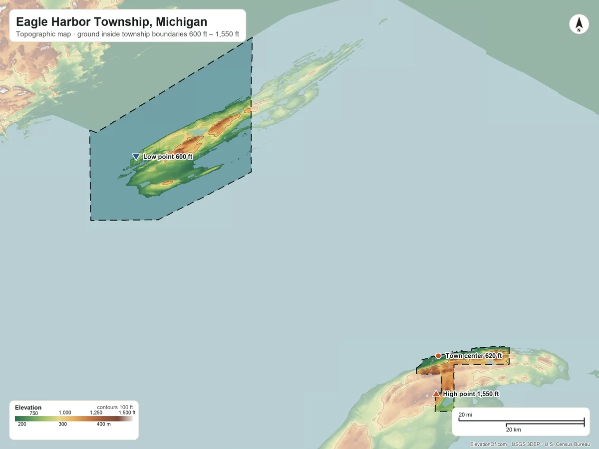 Topographic elevation map of Eagle Harbor Township, Michigan, shaded from 600 ft on the northwest side to 1,550 ft on Mount Horace Greeley