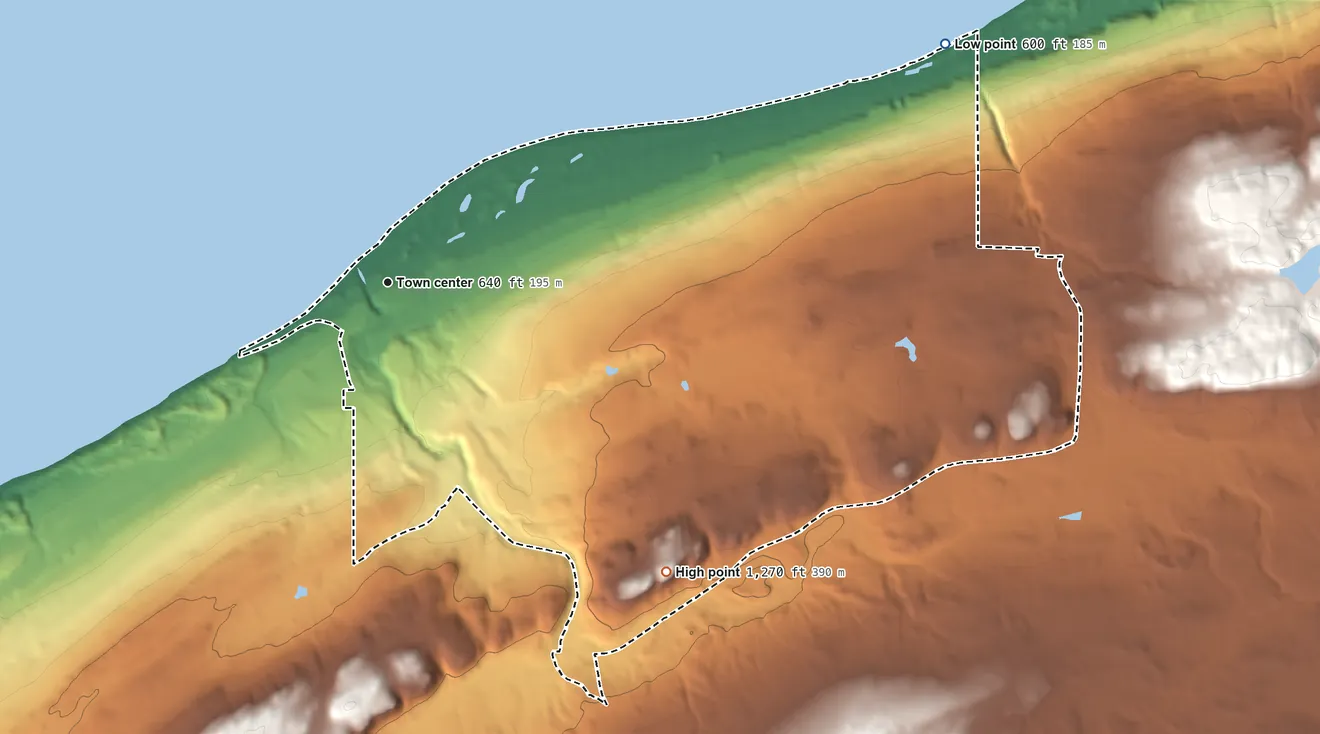 Topographic elevation map of Eagle River, Michigan, shaded from 600 ft on the northeast side to 1,270 ft on the southeast side