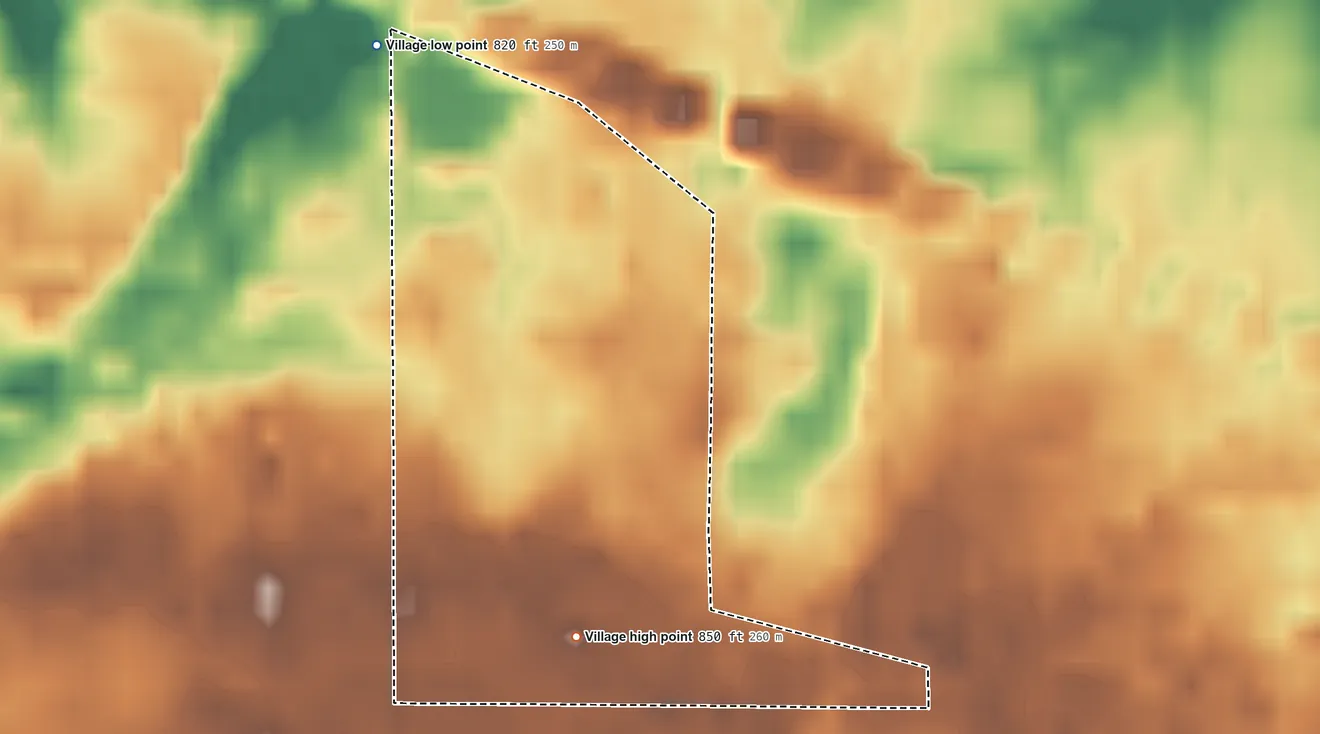 Topographic elevation map of Eagle, Michigan, shaded from 820 ft on the northwest side to 850 ft on the south side