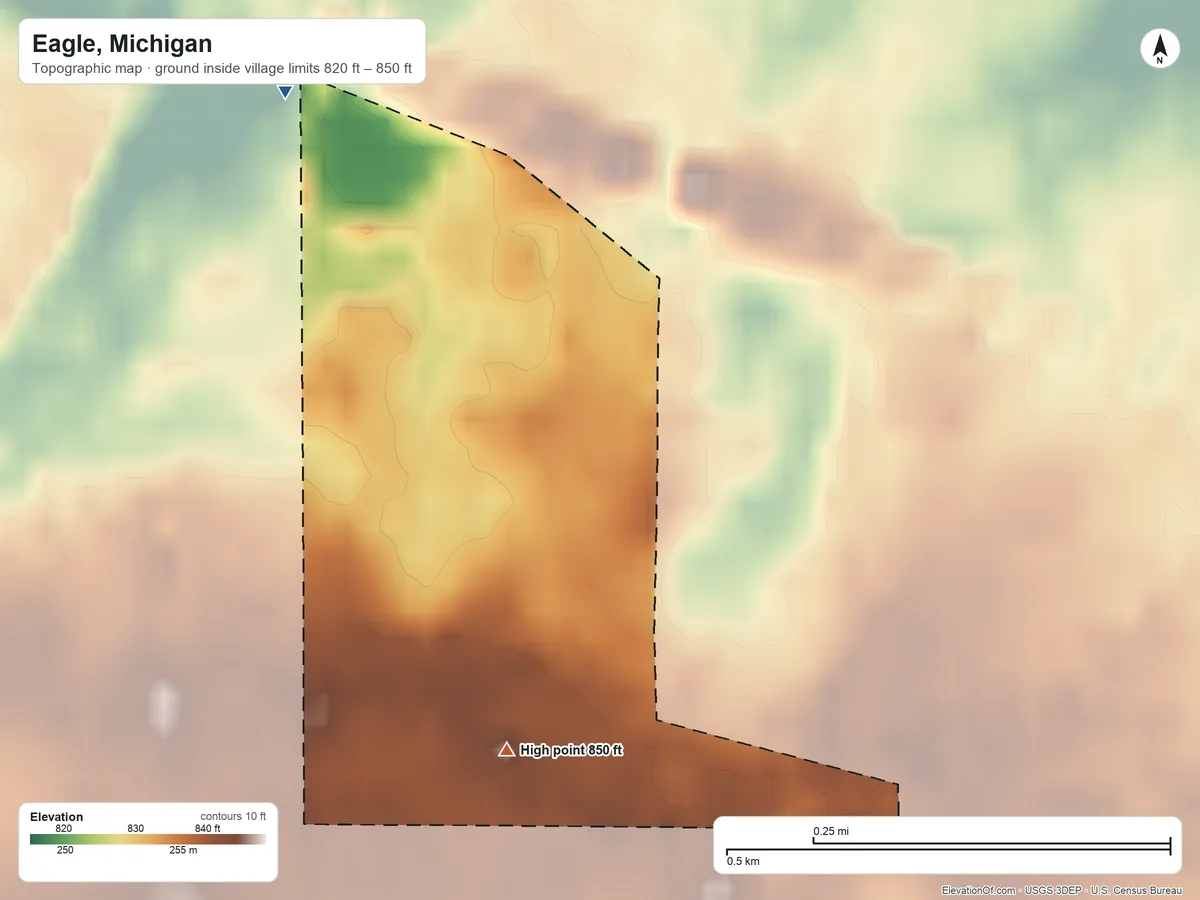 Topographic elevation map of Eagle, Michigan, shaded from 820 ft on the northwest side to 850 ft on the south side