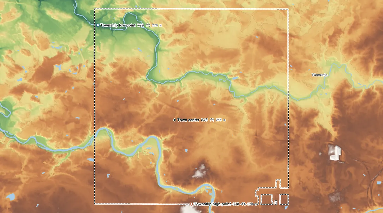 Topographic elevation map of Eagle Township, Michigan, shaded from 720 ft on the northwest side to 890 ft on the south side