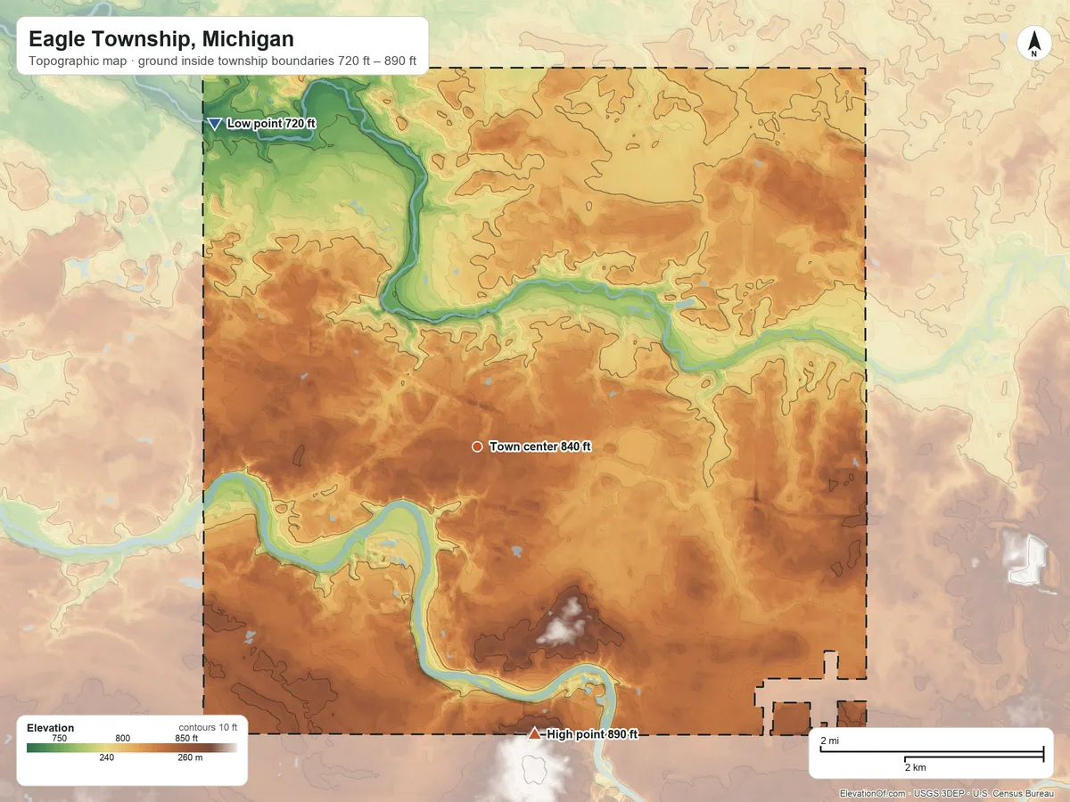 Topographic elevation map of Eagle Township, Michigan, shaded from 720 ft on the northwest side to 890 ft on the south side