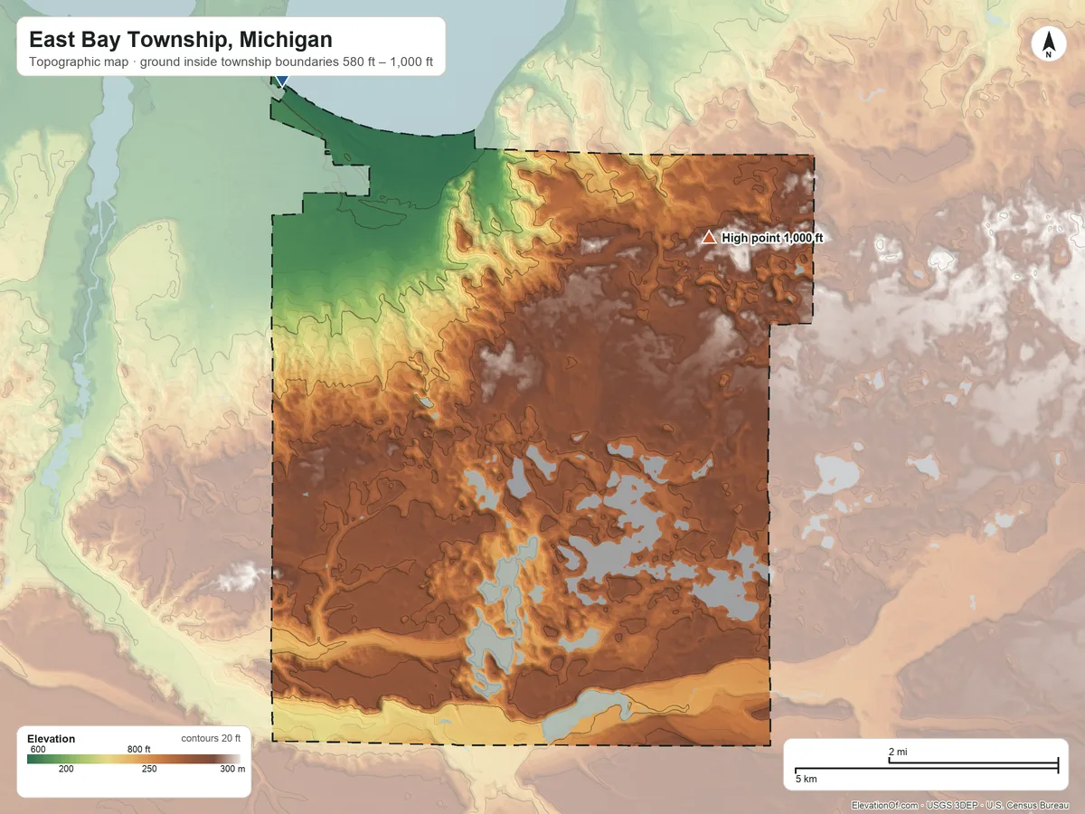 Topographic elevation map of East Bay Township, Michigan, shaded from 580 ft on the northwest side to 1,000 ft on the northeast side