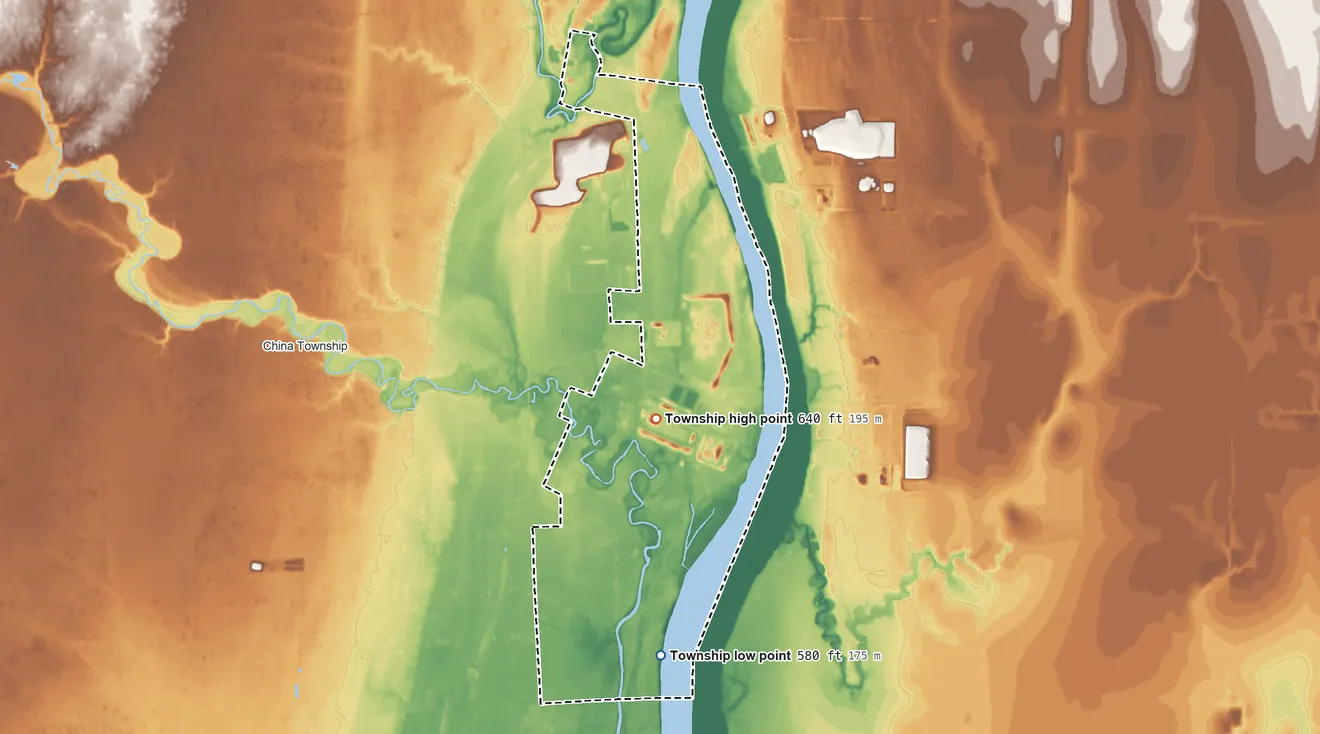 Topographic elevation map of East China Township, Michigan, shaded from 580 ft on the south side to 640 ft near the middle