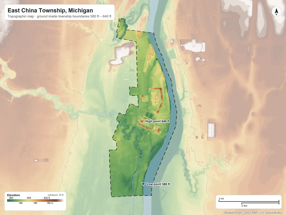 Topographic elevation map of East China Township, Michigan, shaded from 580 ft on the south side to 640 ft near the middle