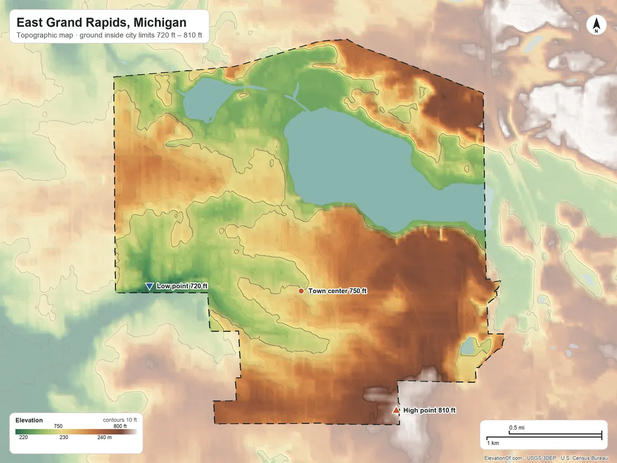 Topographic elevation map of East Grand Rapids, Michigan, shaded from 720 ft on the west side to 810 ft on the southeast side