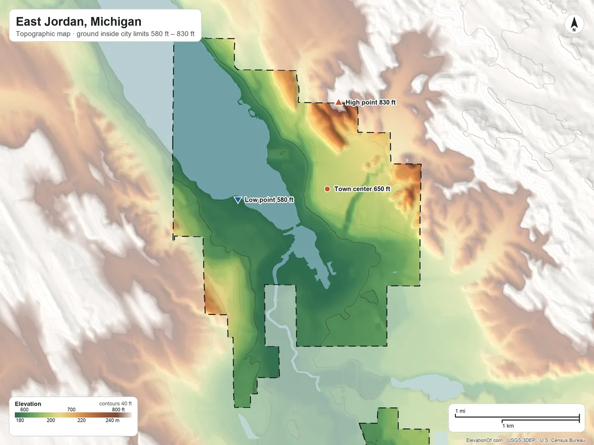 Topographic elevation map of East Jordan, Michigan, shaded from 580 ft on the west side to 830 ft on the north side