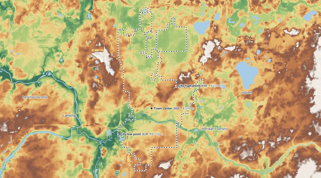 Topographic elevation map of East Lansing, Michigan, shaded from 820 ft on the southwest side to 890 ft on the northeast side