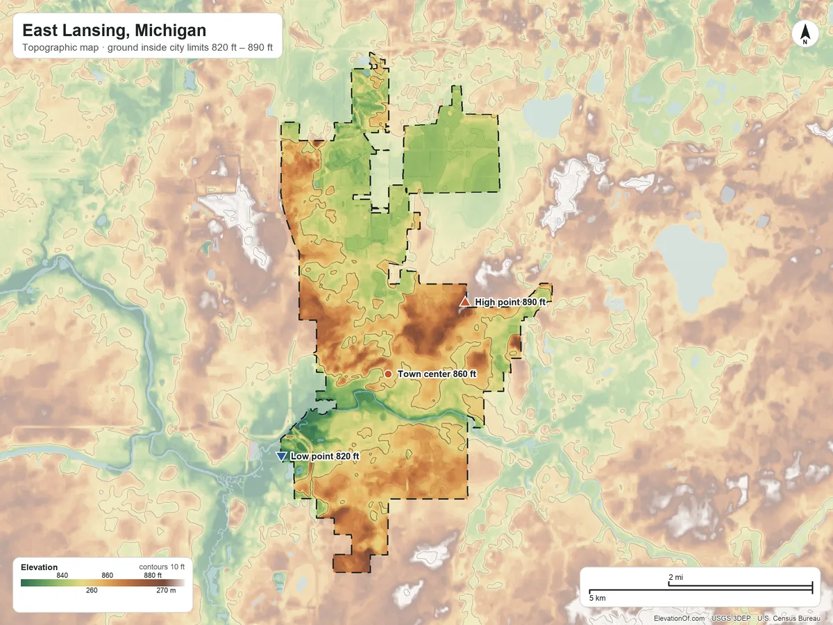 Topographic elevation map of East Lansing, Michigan, shaded from 820 ft on the southwest side to 890 ft on the northeast side