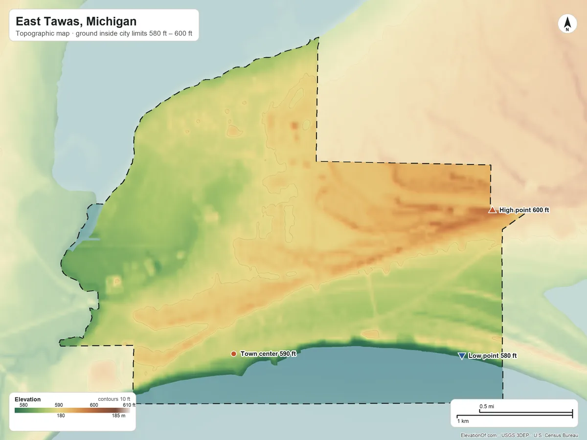 Topographic elevation map of East Tawas, Michigan, shaded from 580 ft on the east side to 600 ft on the northeast side