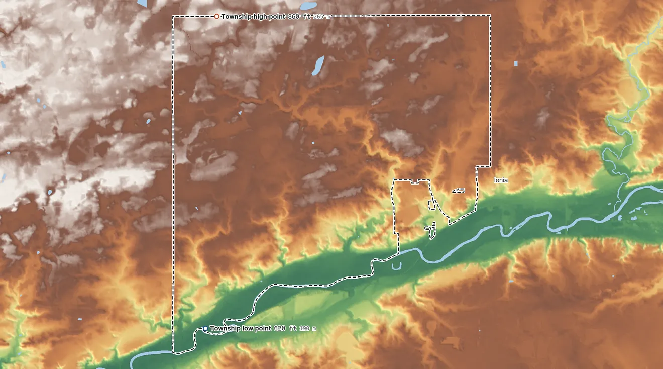 Topographic elevation map of Easton Township, Michigan, shaded from 620 ft on the southwest side to 860 ft on the northwest side