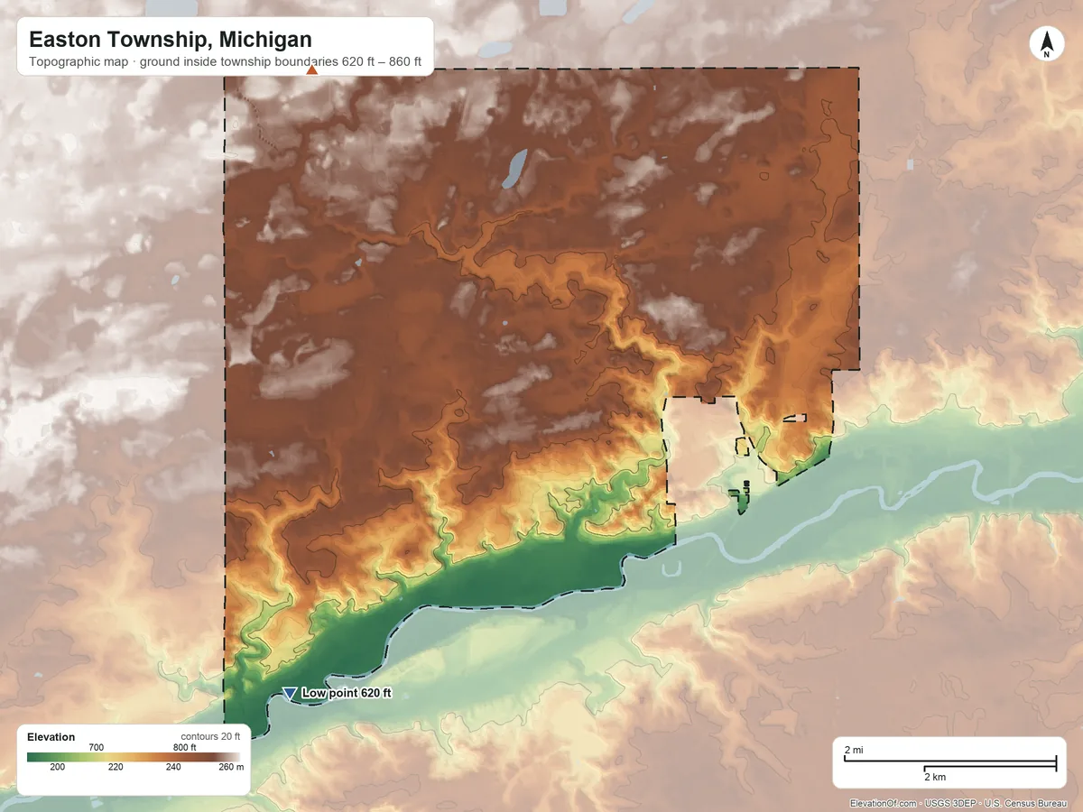 Topographic elevation map of Easton Township, Michigan, shaded from 620 ft on the southwest side to 860 ft on the northwest side