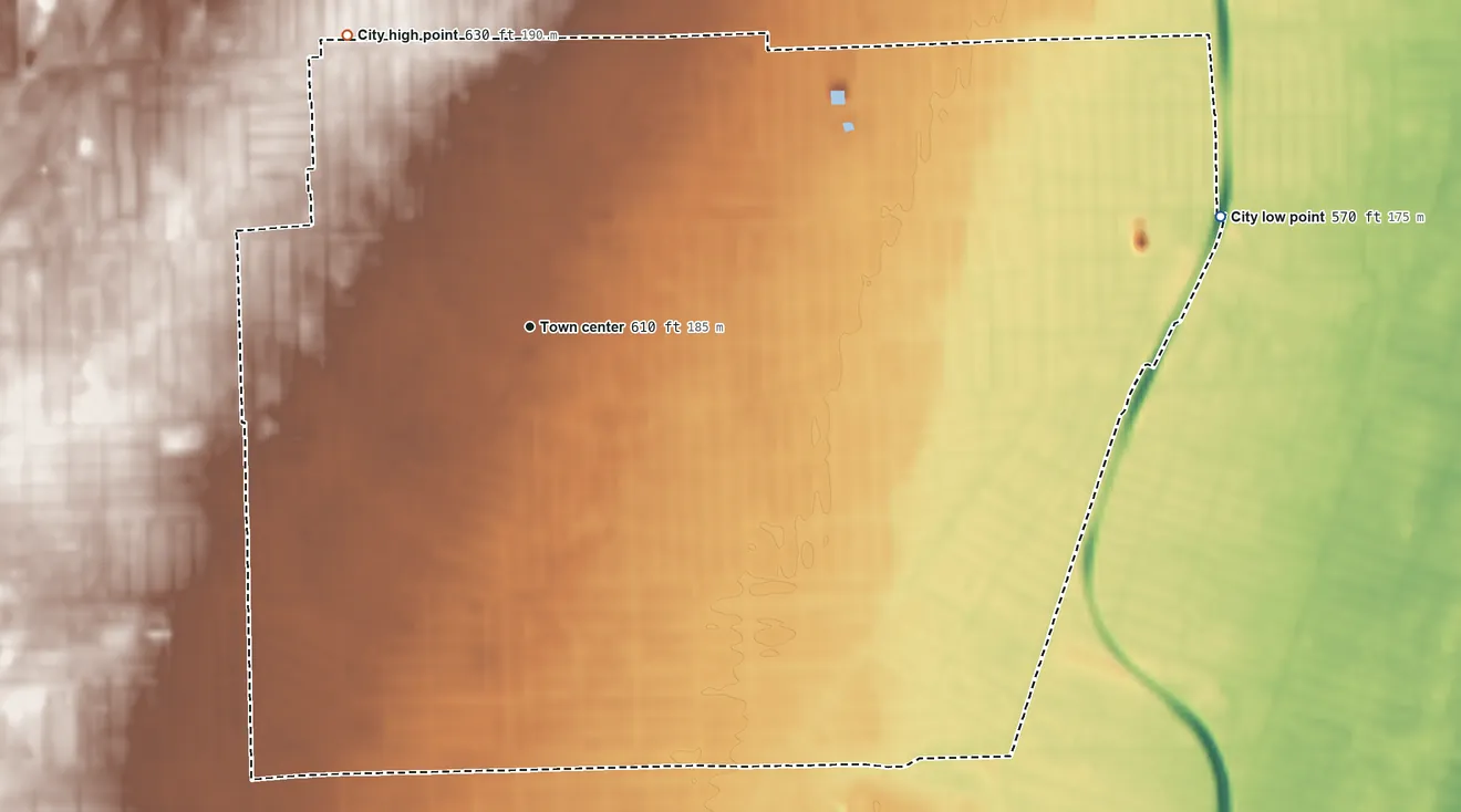 Topographic elevation map of Eastpointe, Michigan, shaded from 570 ft on the east side to 630 ft on the northwest side
