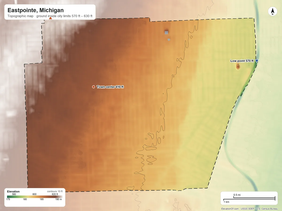 Topographic elevation map of Eastpointe, Michigan, shaded from 570 ft on the east side to 630 ft on the northwest side