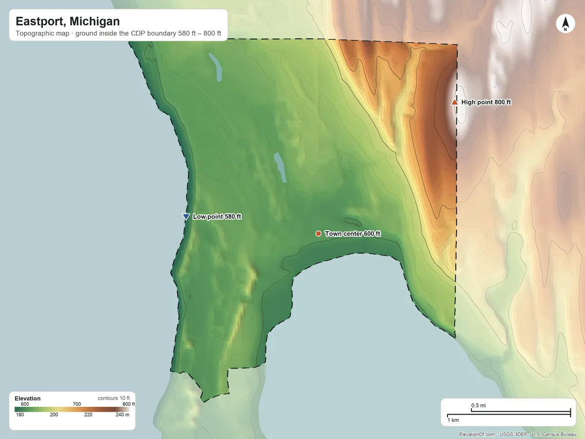 Topographic elevation map of Eastport, Michigan, shaded from 580 ft on the west side to 800 ft on the northeast side