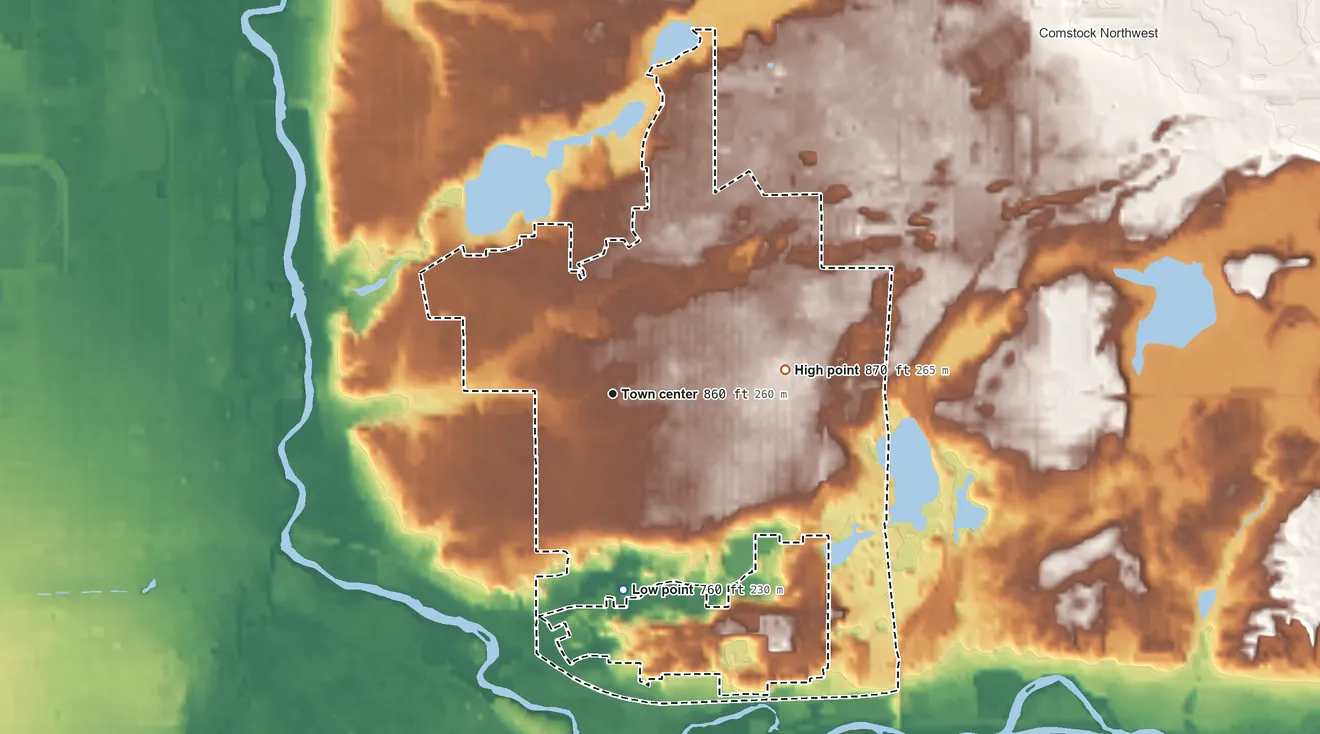 Topographic elevation map of Eastwood, Michigan, shaded from 760 ft on the south side to 870 ft on the east side