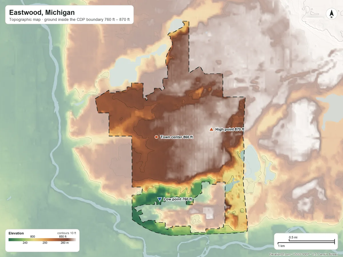 Topographic elevation map of Eastwood, Michigan, shaded from 760 ft on the south side to 870 ft on the east side