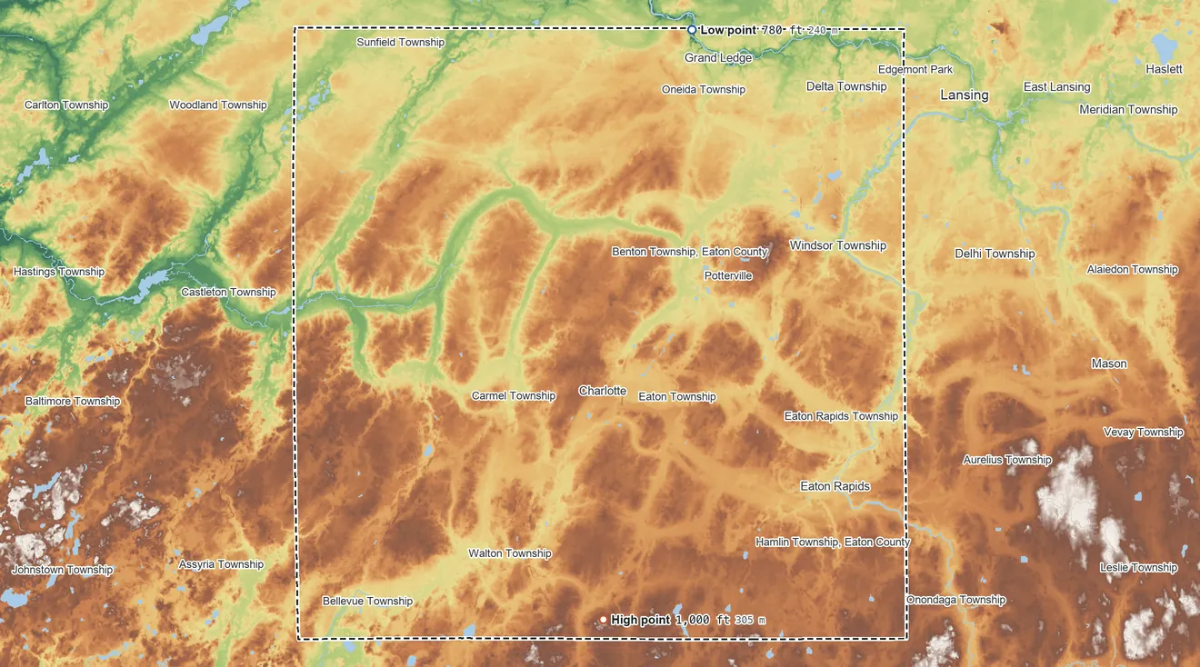 Topographic elevation map of Eaton County, Michigan, shaded from 780 ft on the north side to 1,000 ft on the south side