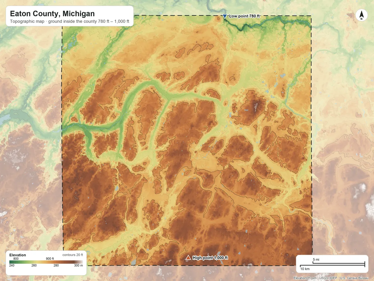 Topographic elevation map of Eaton County, Michigan, shaded from 780 ft on the north side to 1,000 ft on the south side