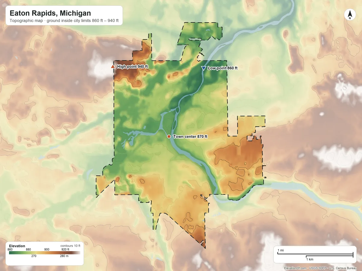 Topographic elevation map of Eaton Rapids, Michigan, shaded from 860 ft on the northeast side to 940 ft on the northwest side