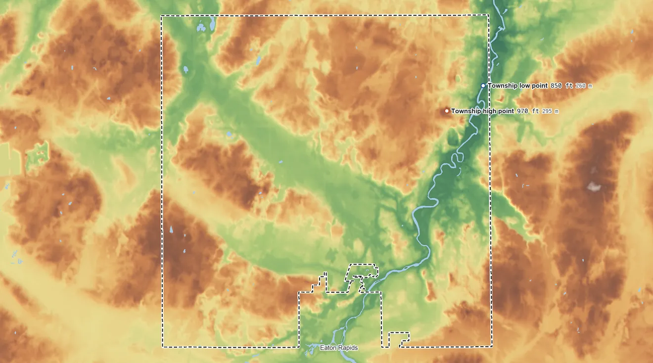 Topographic elevation map of Eaton Rapids Township, Michigan, shaded from 850 ft on the northeast side to 970 ft on the northeast side