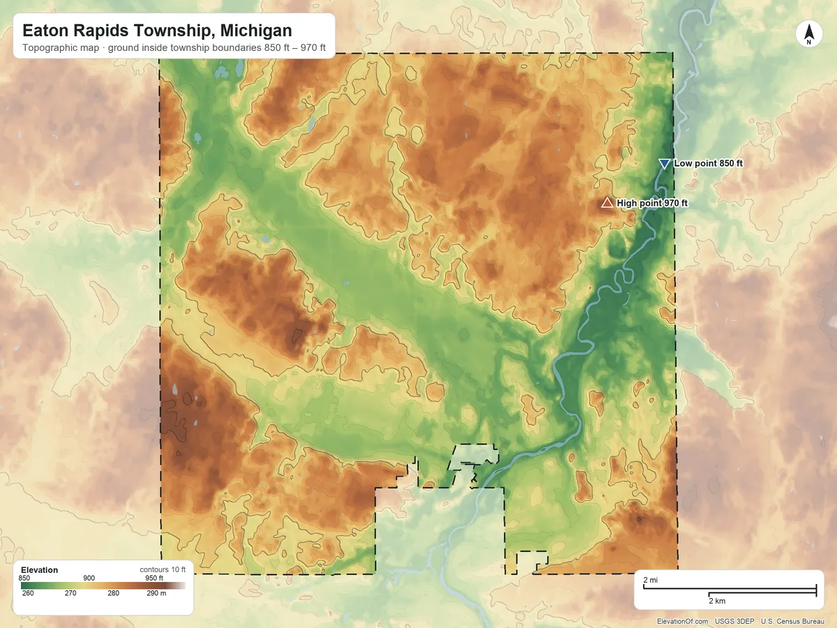 Topographic elevation map of Eaton Rapids Township, Michigan, shaded from 850 ft on the northeast side to 970 ft on the northeast side