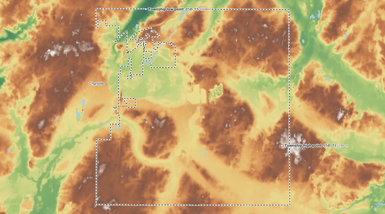 Topographic elevation map of Eaton Township, Michigan, shaded from 850 ft on the northwest side to 950 ft on the southeast side