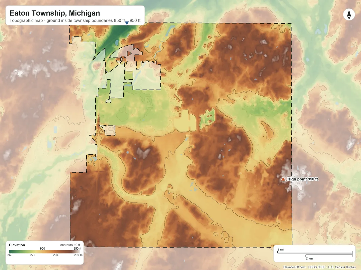 Topographic elevation map of Eaton Township, Michigan, shaded from 850 ft on the northwest side to 950 ft on the southeast side