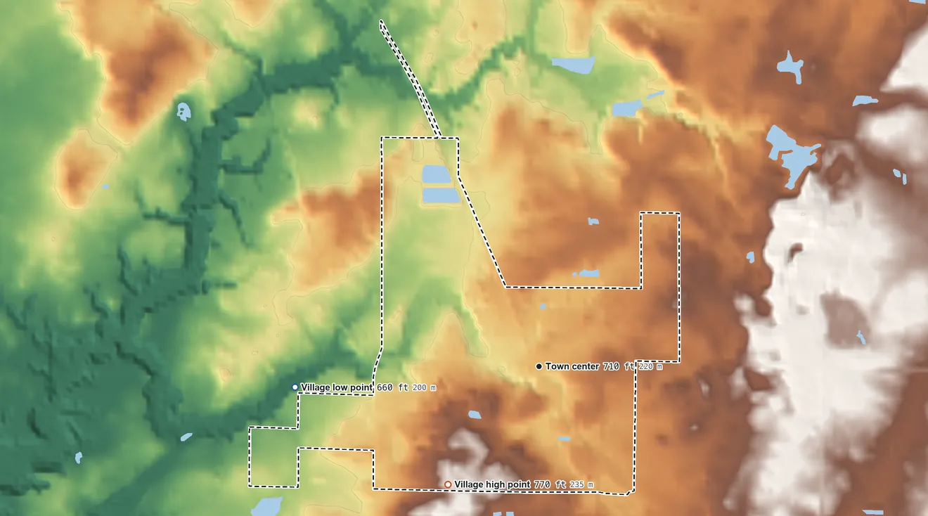 Topographic elevation map of Eau Claire, Michigan, shaded from 660 ft on the west side to 770 ft on the southwest side