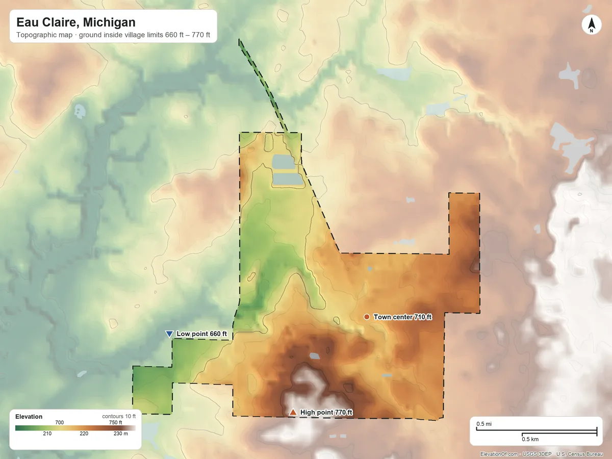 Topographic elevation map of Eau Claire, Michigan, shaded from 660 ft on the west side to 770 ft on the southwest side