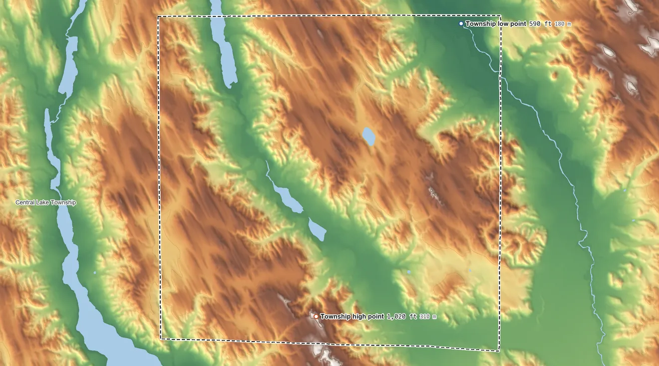 Topographic elevation map of Echo Township, Michigan, shaded from 590 ft on the northeast side to 1,020 ft on the south side