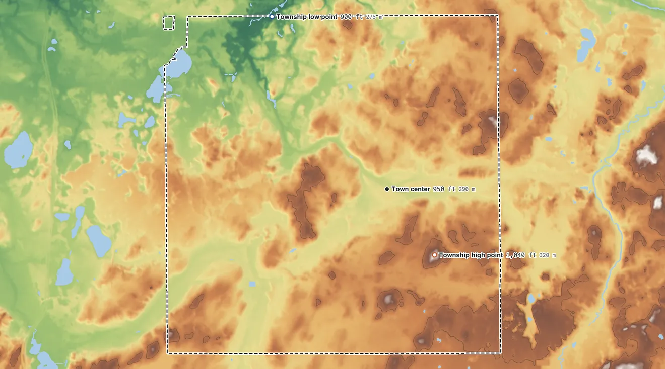 Topographic elevation map of Eckford Township, Michigan, shaded from 900 ft on the northwest side to 1,040 ft on the southeast side