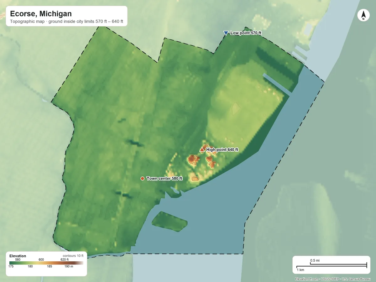 Topographic elevation map of Ecorse, Michigan, shaded from 570 ft on the northeast side to 640 ft on the northeast side