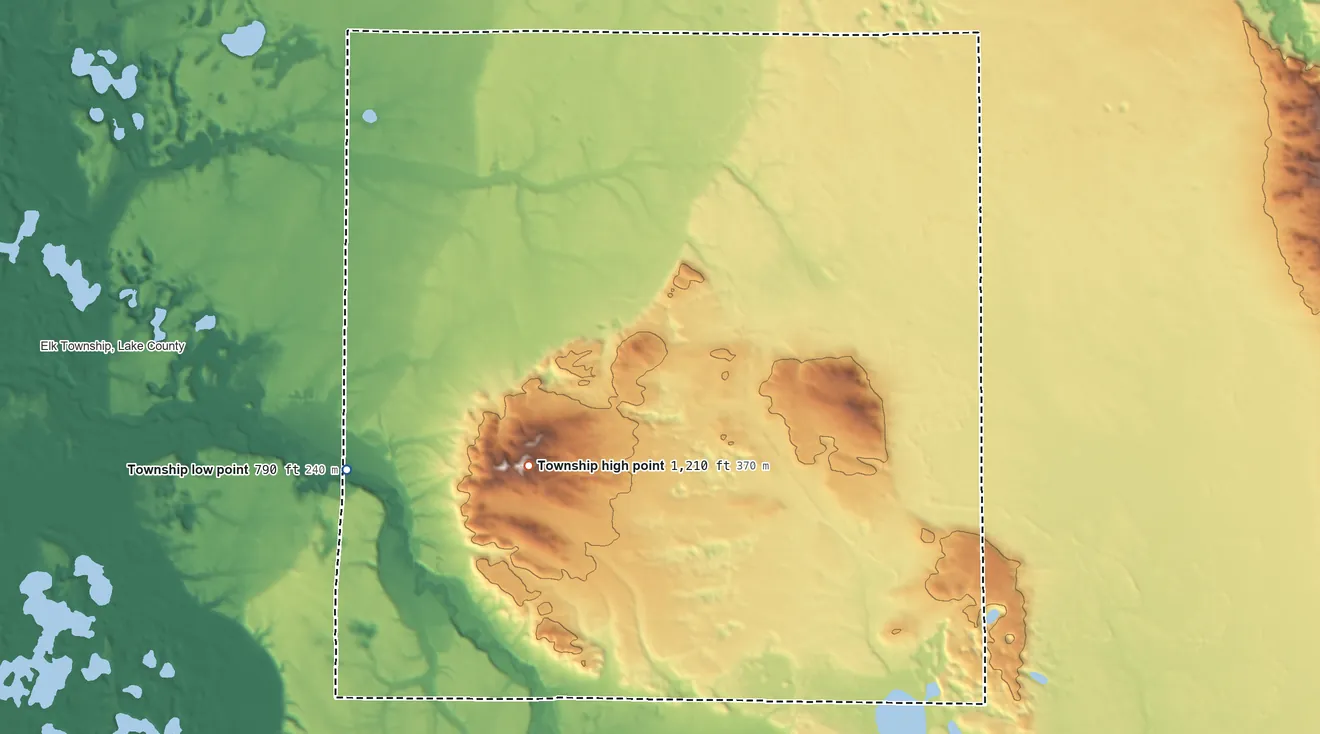 Topographic elevation map of Eden Township, Lake County, Michigan, shaded from 790 ft on the southwest side to 1,210 ft on the south side