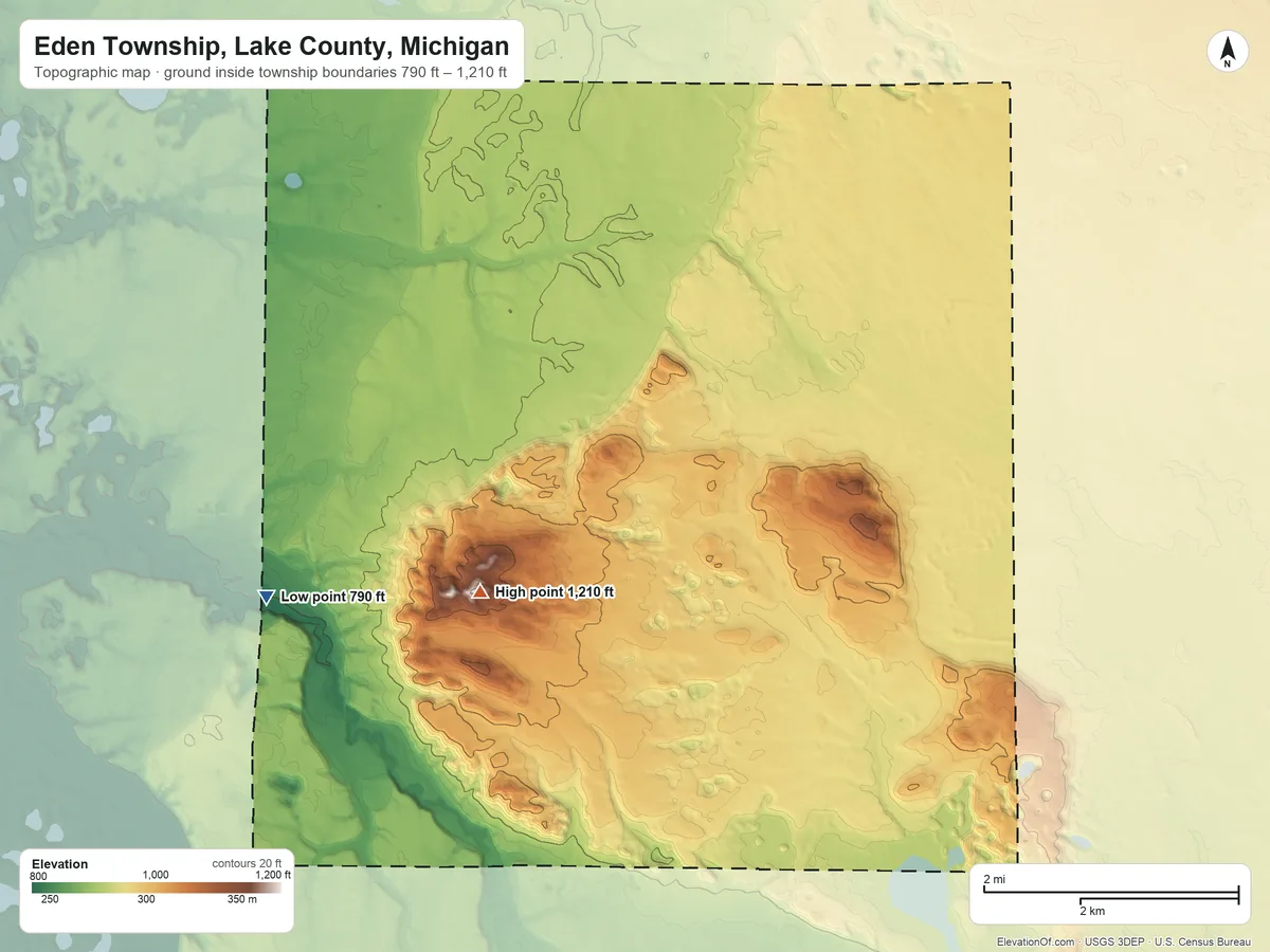 Topographic elevation map of Eden Township, Lake County, Michigan, shaded from 790 ft on the southwest side to 1,210 ft on the south side
